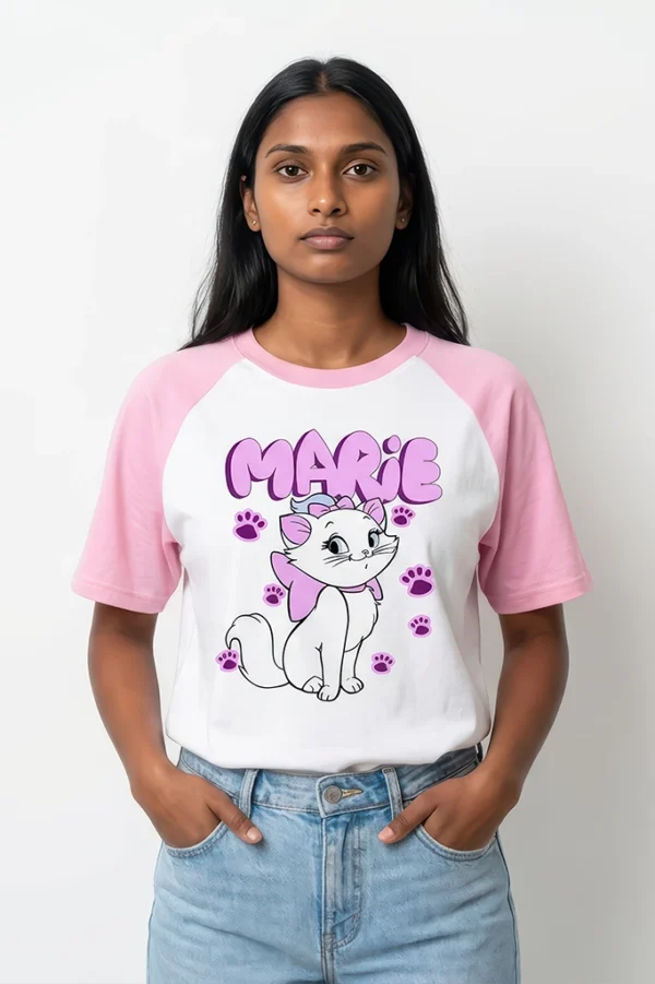 Marie Raglan T-Shirt – women's Disney cat print tee in pastel pink