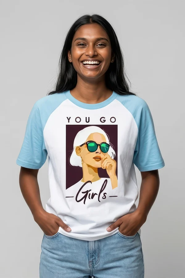 You Go Girls raglan sleeve t-shirt in pastel blue - front view
