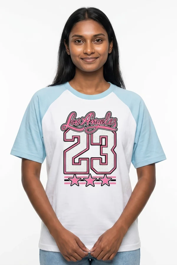 Los Angeles 23 raglan sleeve t-shirt in pastel blue - front view