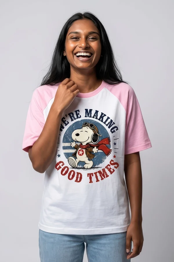 Snoopy Raglan T-Shirt – women's Peanuts print tee in pastel pink
