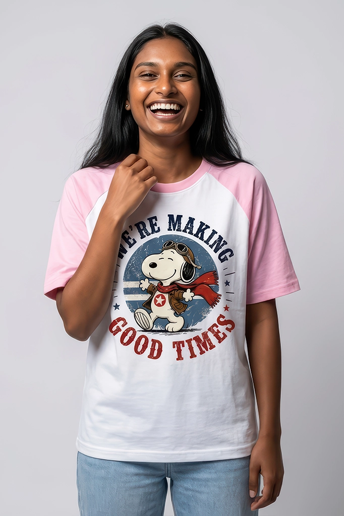 Snoopy Raglan T-Shirt – women's Peanuts print tee in pastel pink