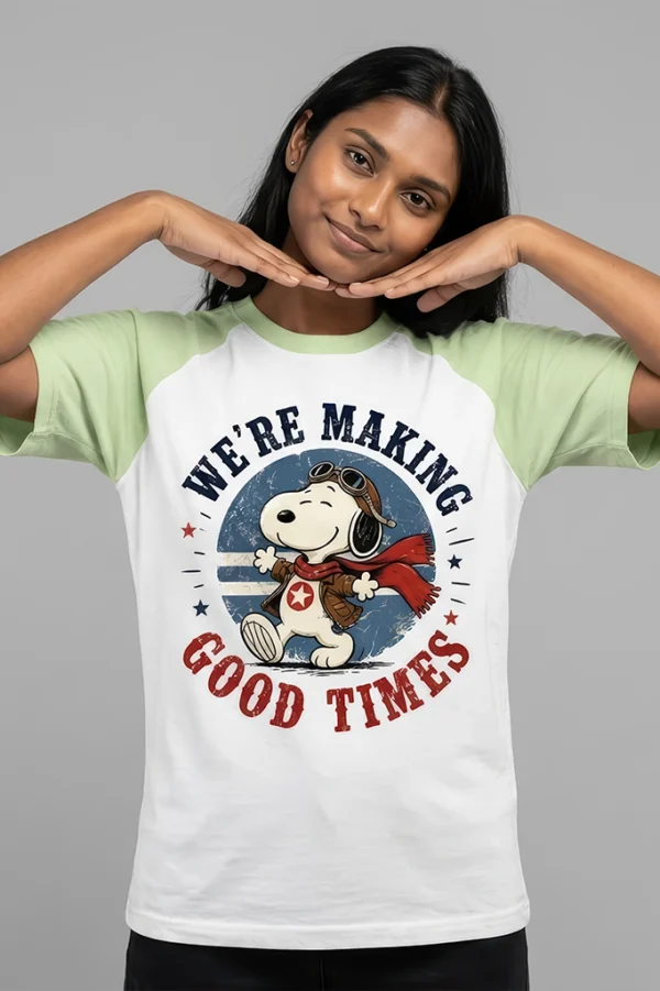 Snoopy raglan sleeve t-shirt in pastel green - front view