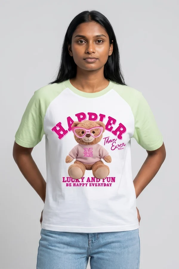 Happier Than Ever Raglan T-Shirt – women's cute teddy bear print tee in pastel green