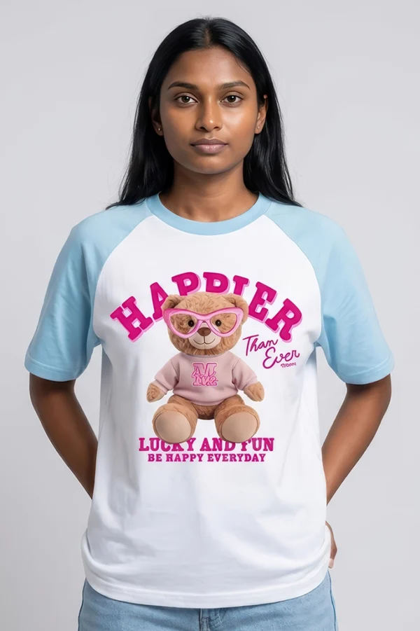 Happier Than Ever raglan sleeve t-shirt in pastel blue - front view