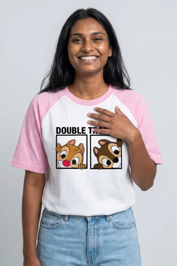 Chip and Dale raglan sleeve t-shirt in pastel pink - front view