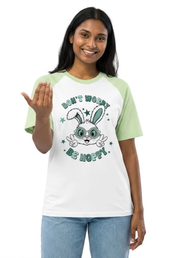 Be Hoppy Raglan T-Shirt – women's cute bunny print tee in pastel green