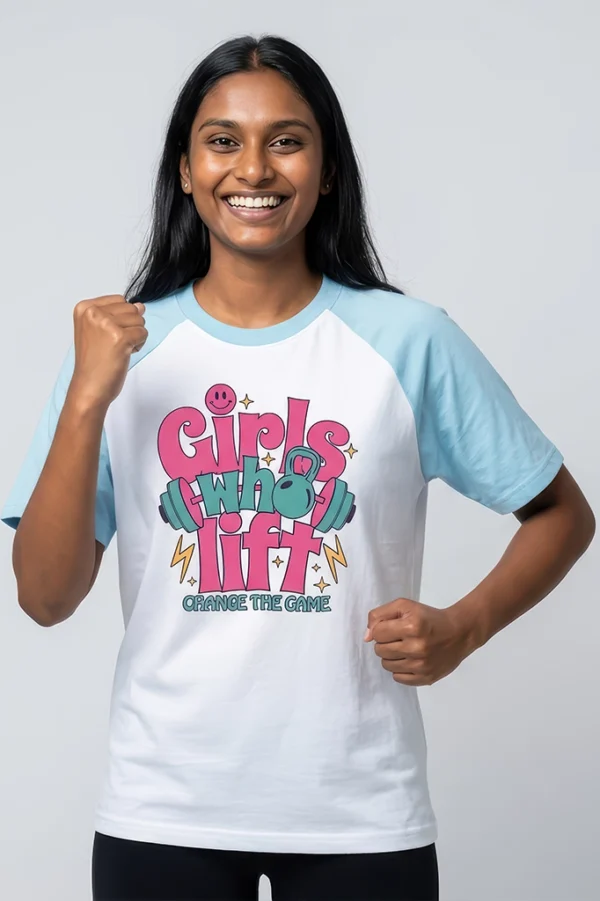 Girls Who Lift Raglan T-Shirt – women's fitness tee in pastel blue