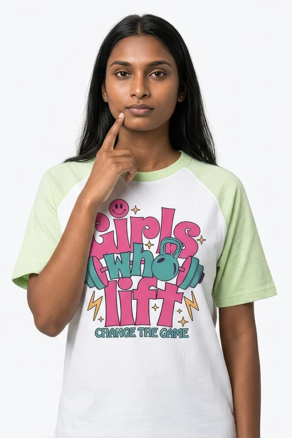 Girls Who Lift raglan sleeve t-shirt in pastel green - front view