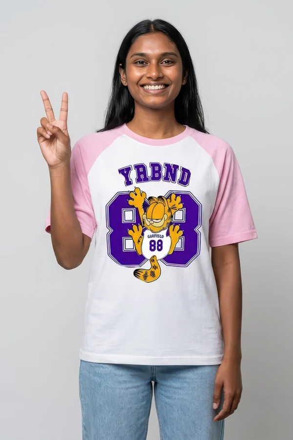 Garfield 88 varsity raglan t-shirt with pastel pink sleeves