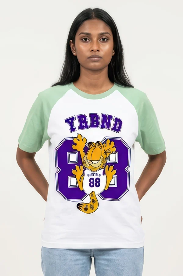 Garfield 88 varsity raglan t-shirt with pastel green sleeves