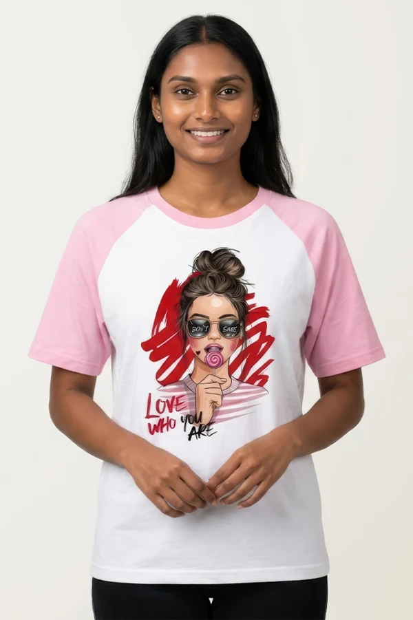 Love Who You Are graphic raglan t-shirt with pastel pink sleeves