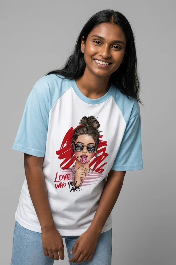 Love Who You Are graphic raglan t-shirt with pastel blue sleeves