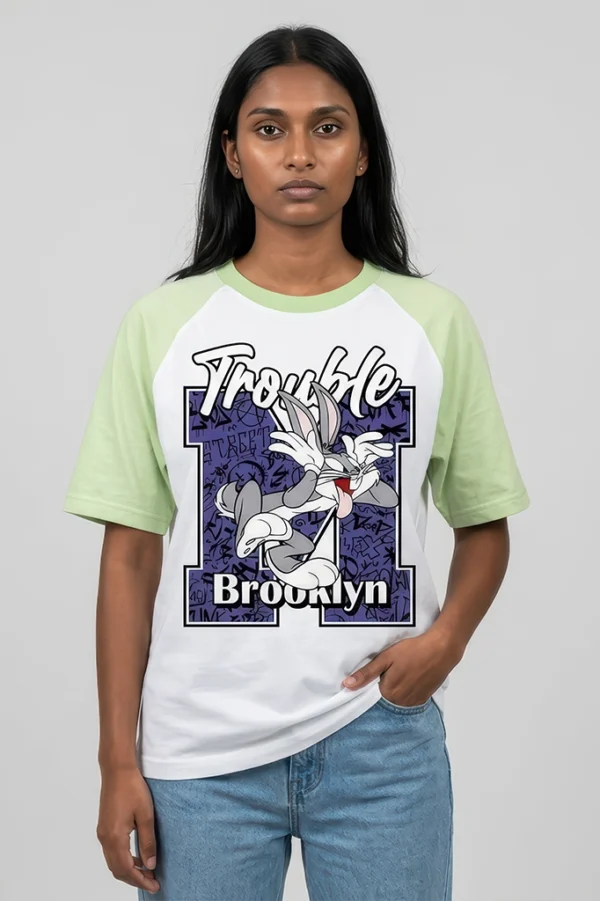 Trouble Brooklyn Bugs Bunny raglan t-shirt with pastel green sleeves