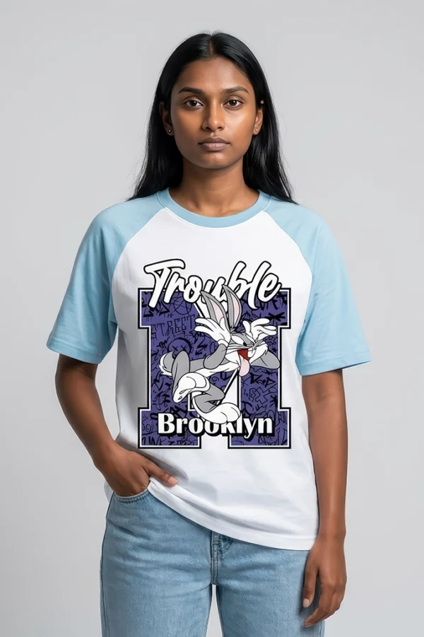 Trouble Brooklyn Bugs Bunny raglan t-shirt with pastel blue sleeves