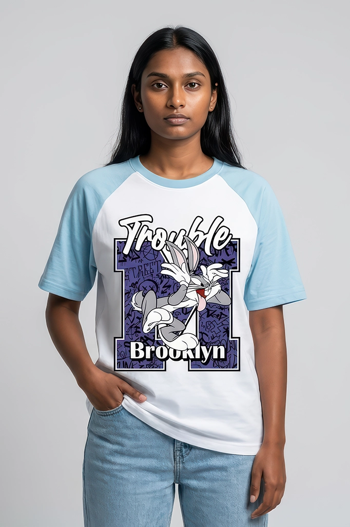 Trouble Brooklyn Bugs Bunny Raglan T-Shirt – Pastel Blue Sleeve