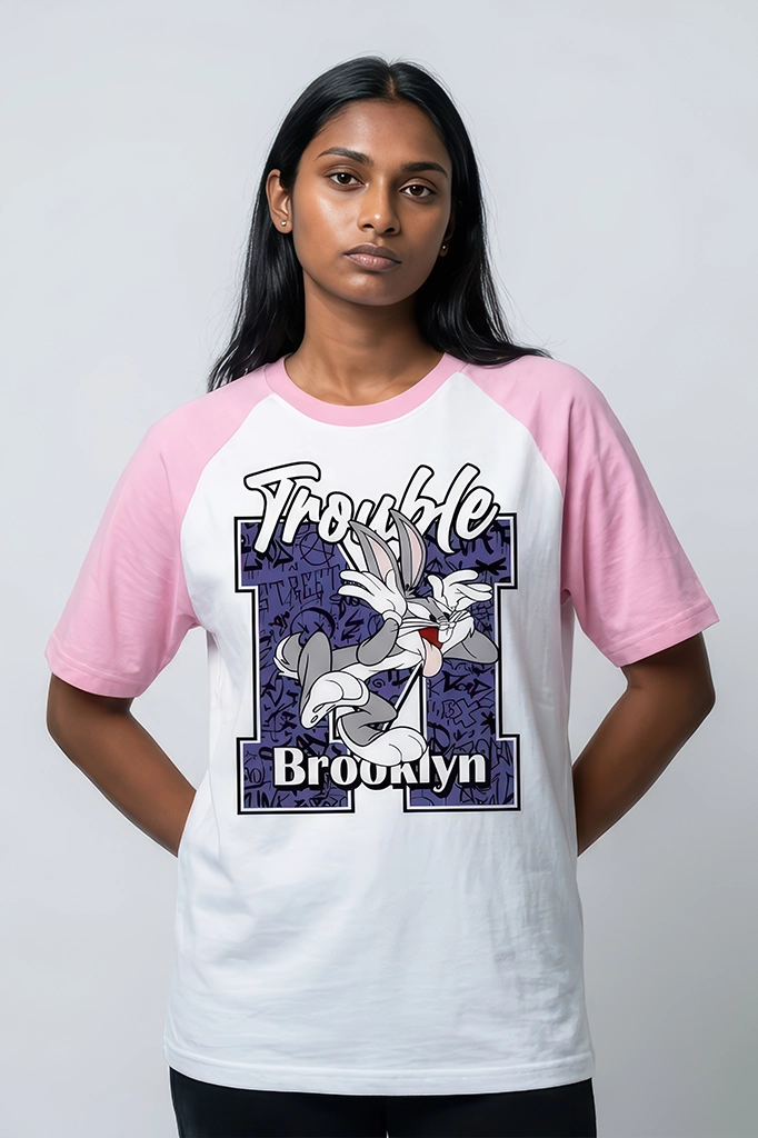 Trouble Brooklyn Bugs Bunny Raglan T-Shirt – Pastel Pink Sleeve