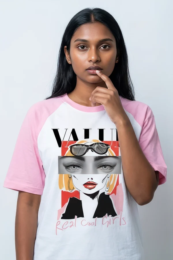 Real Cool Girls Value magazine graphic raglan t-shirt with pastel pink sleeves