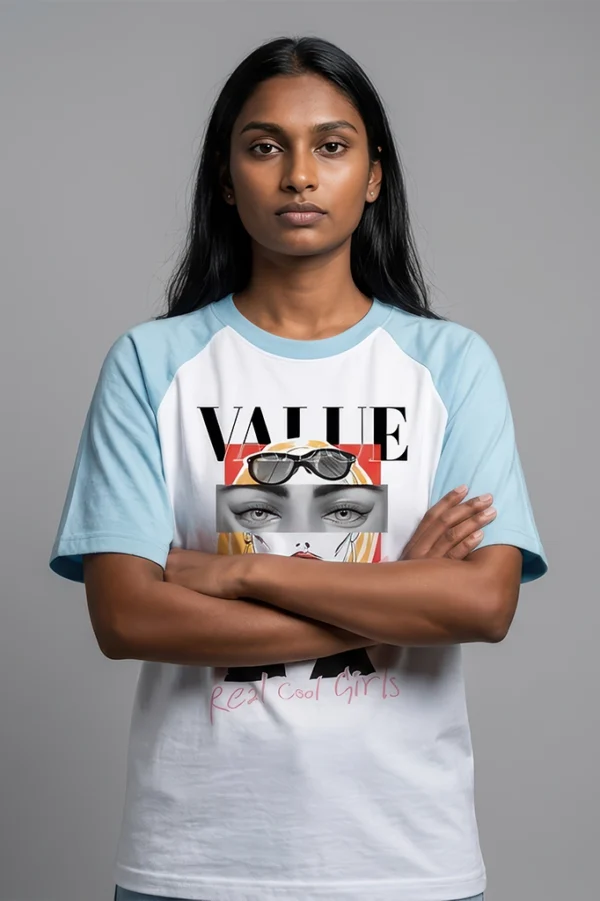Real Cool Girls Value magazine graphic raglan t-shirt with pastel blue sleeves