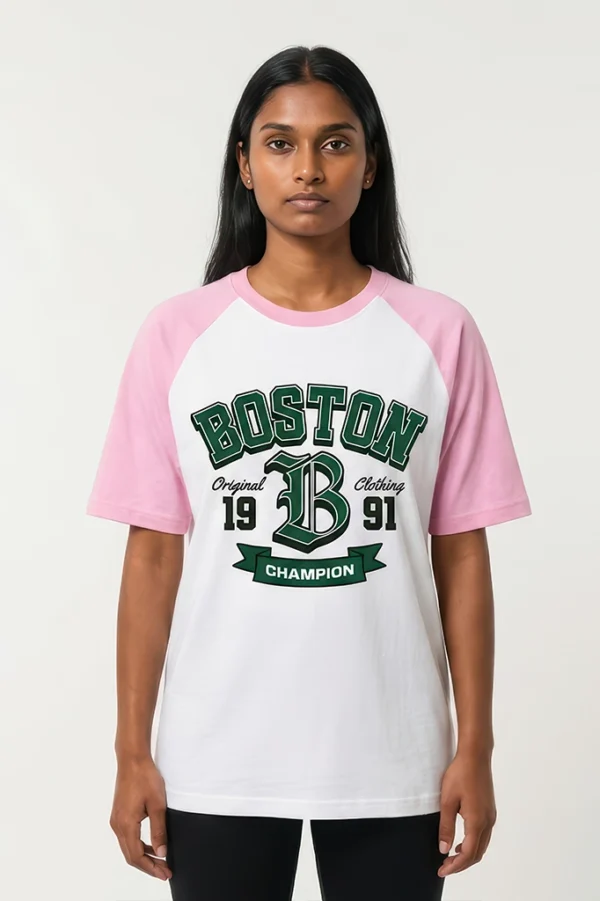 Boston 1991 Champion varsity raglan t-shirt with pastel pink sleeves