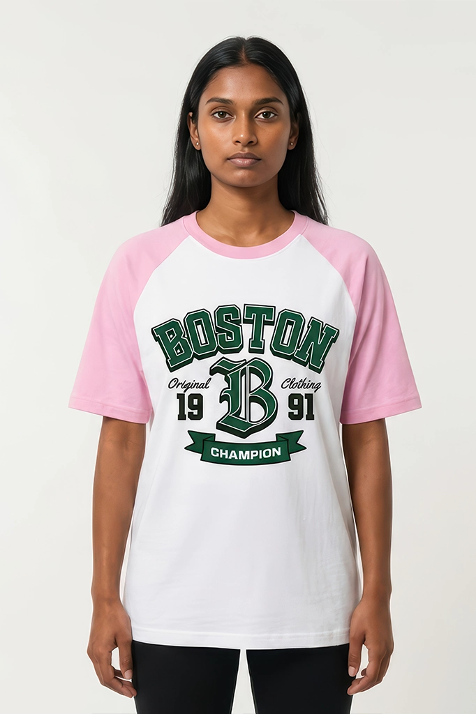 Boston 1991 Champion Raglan T-Shirt – Pastel Pink Sleeve