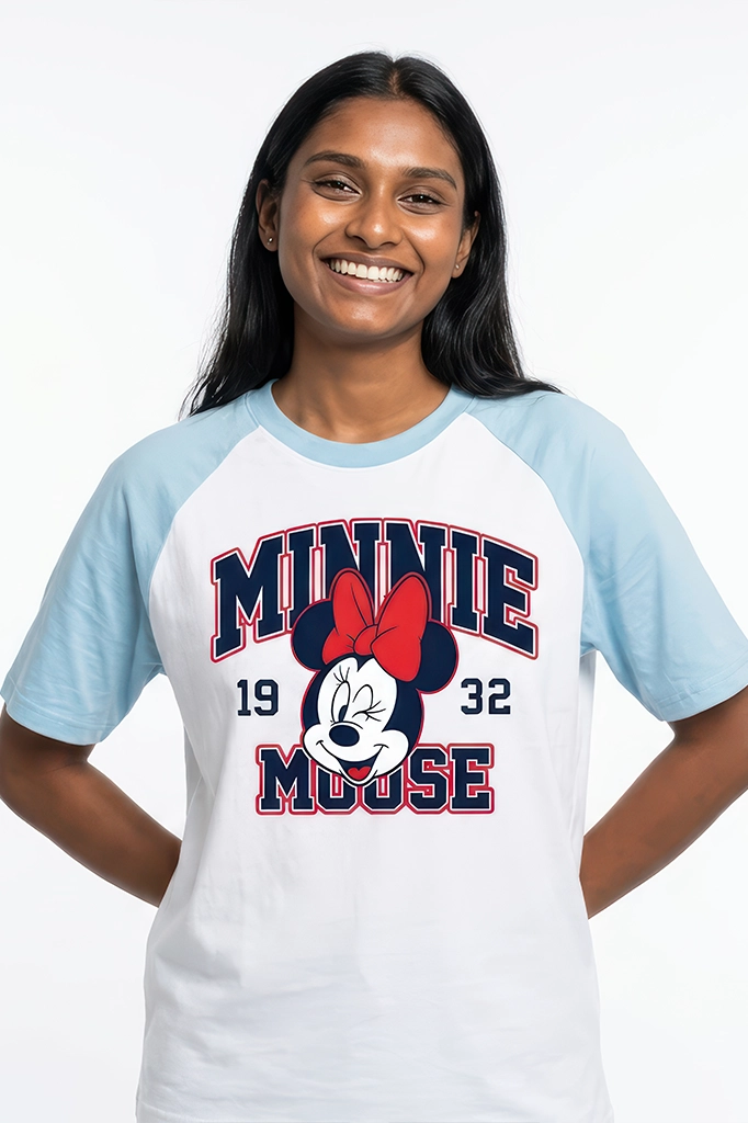 Minnie Mouse 1932 varsity raglan t-shirt with pastel blue sleeves
