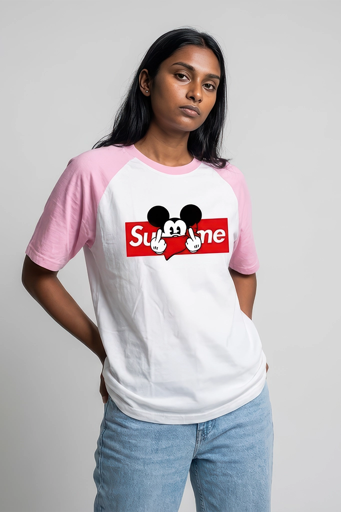 Mickey Box Logo Raglan T-Shirt – Pastel Pink Sleeve