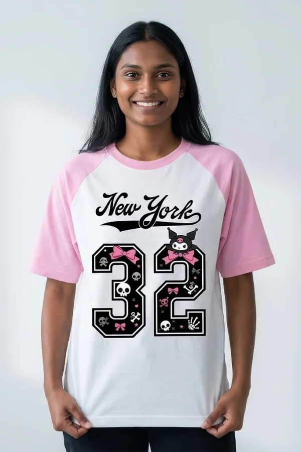 Varsity skulls raglan t-shirt in pastel pink - back view